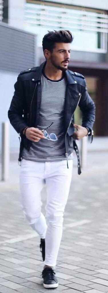 White pants with leatehr jacket